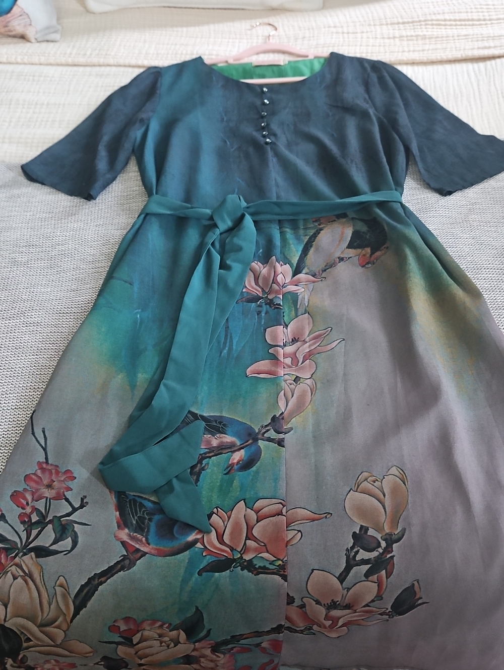 Women's Teal Floral A-Line Dress with Sash